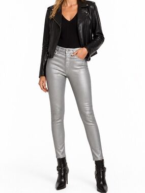 $378 AG Adriano Goldschmeid Farrah High-Rise Chrome Cast Coated Denim Jeans